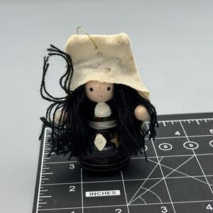 Vtg Wooden Girl Christmas Tree Ornament Handpainted Hat Yarn Hair Black 3"